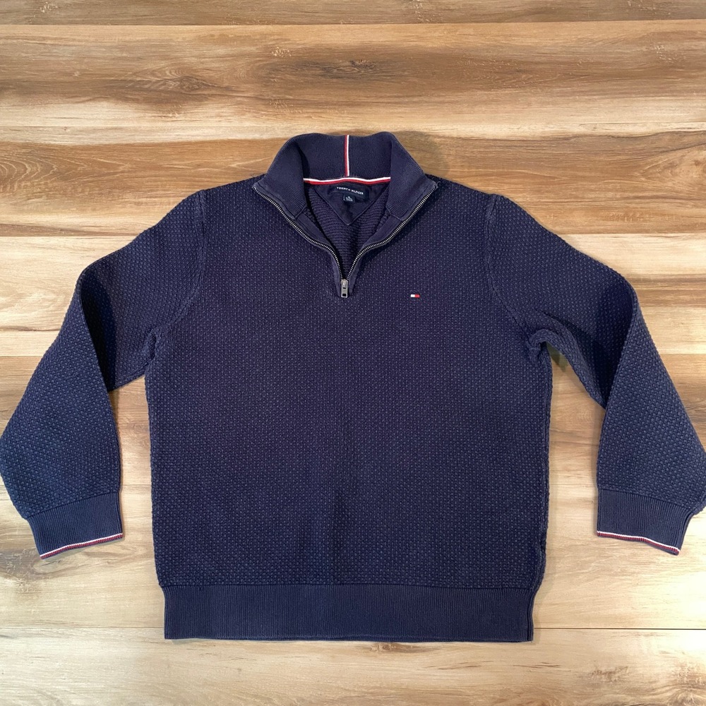 Tommy Hilfiger Sweater Mens XL Navy Blue Cotton Waffle Knit Quarter Zip